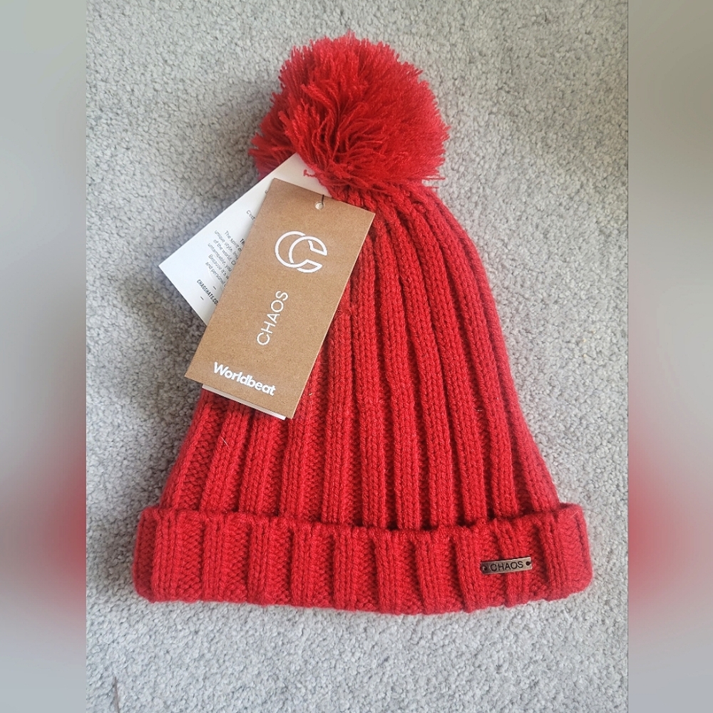 NWT CHAOS Lined Red Knit Pom Beanie